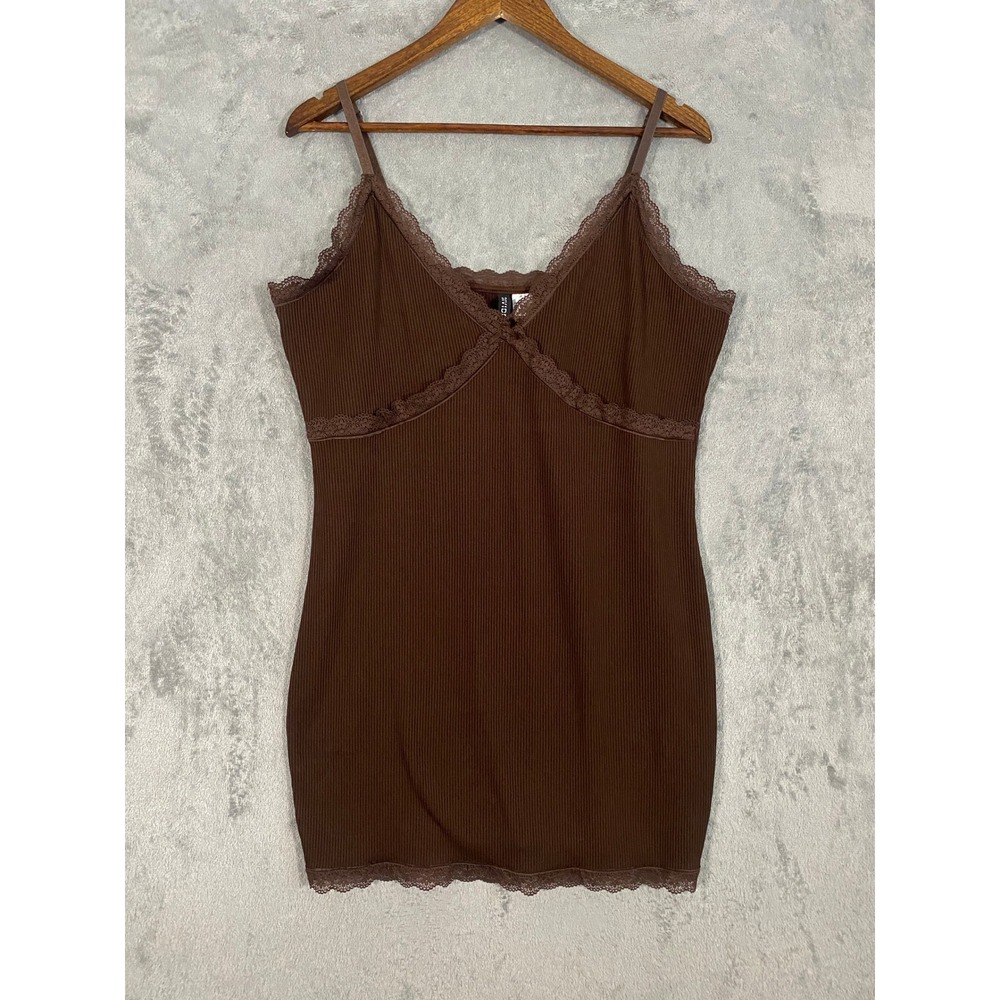 H&M Divided Cami Dress Sz XL Earthy Brown Lace‎ Trim Ribbed Knit Bodycon Slip